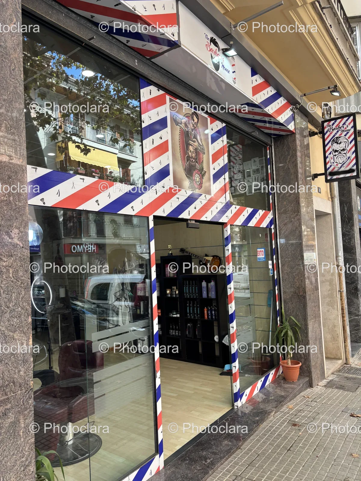 Patriotic Storefront with Red, White, and Blue Stripes