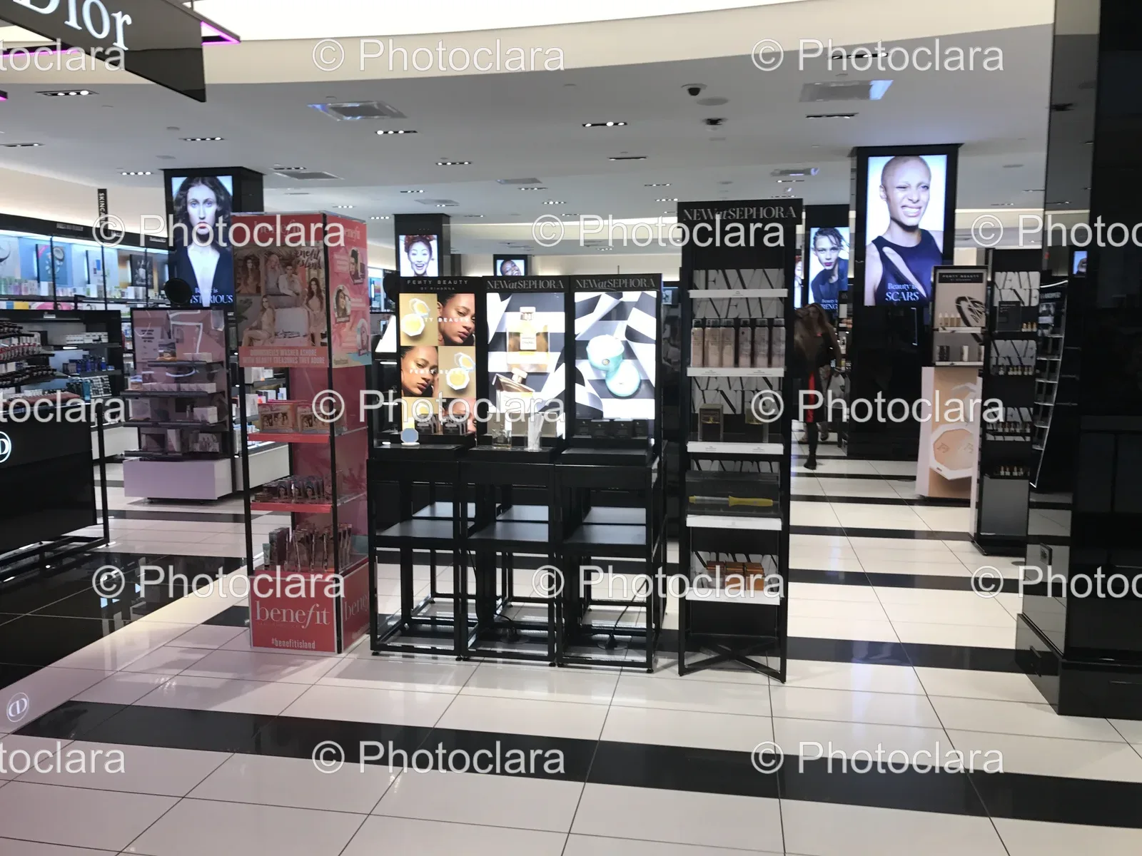 Chic Black Store Interior with Striped Floor